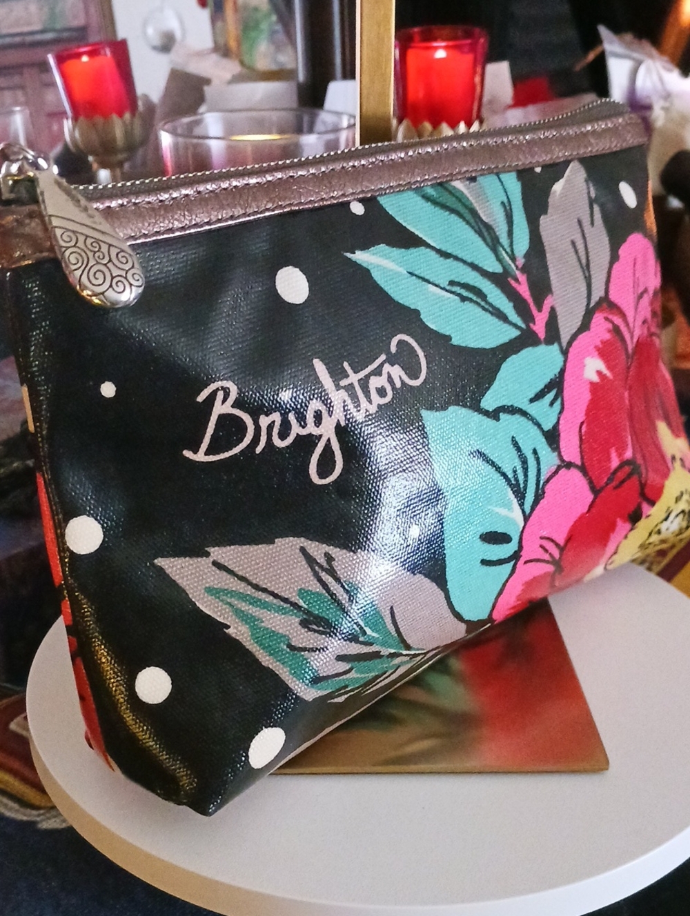 Brighton Black Floral Cosmetic Pouch with Pink & Teal Accents